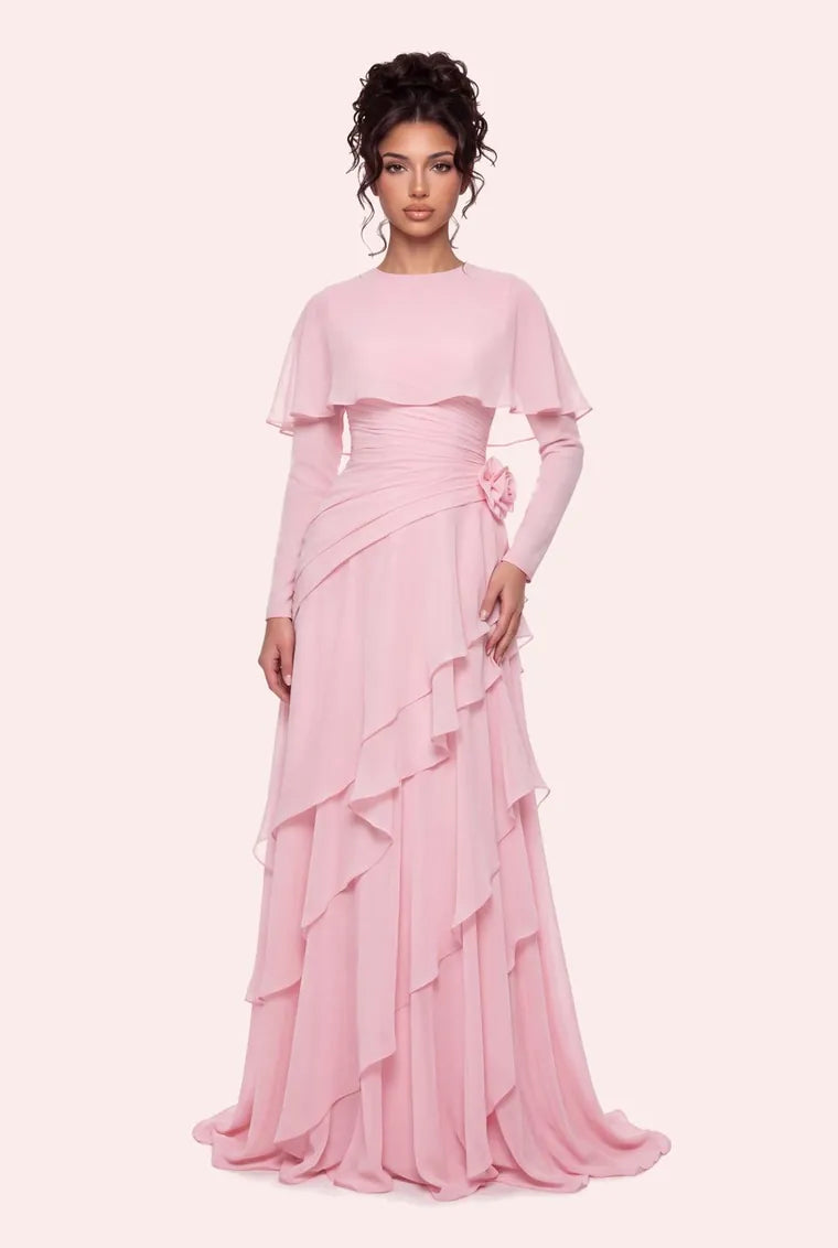 The Athera Dress in blush chiffon, full length